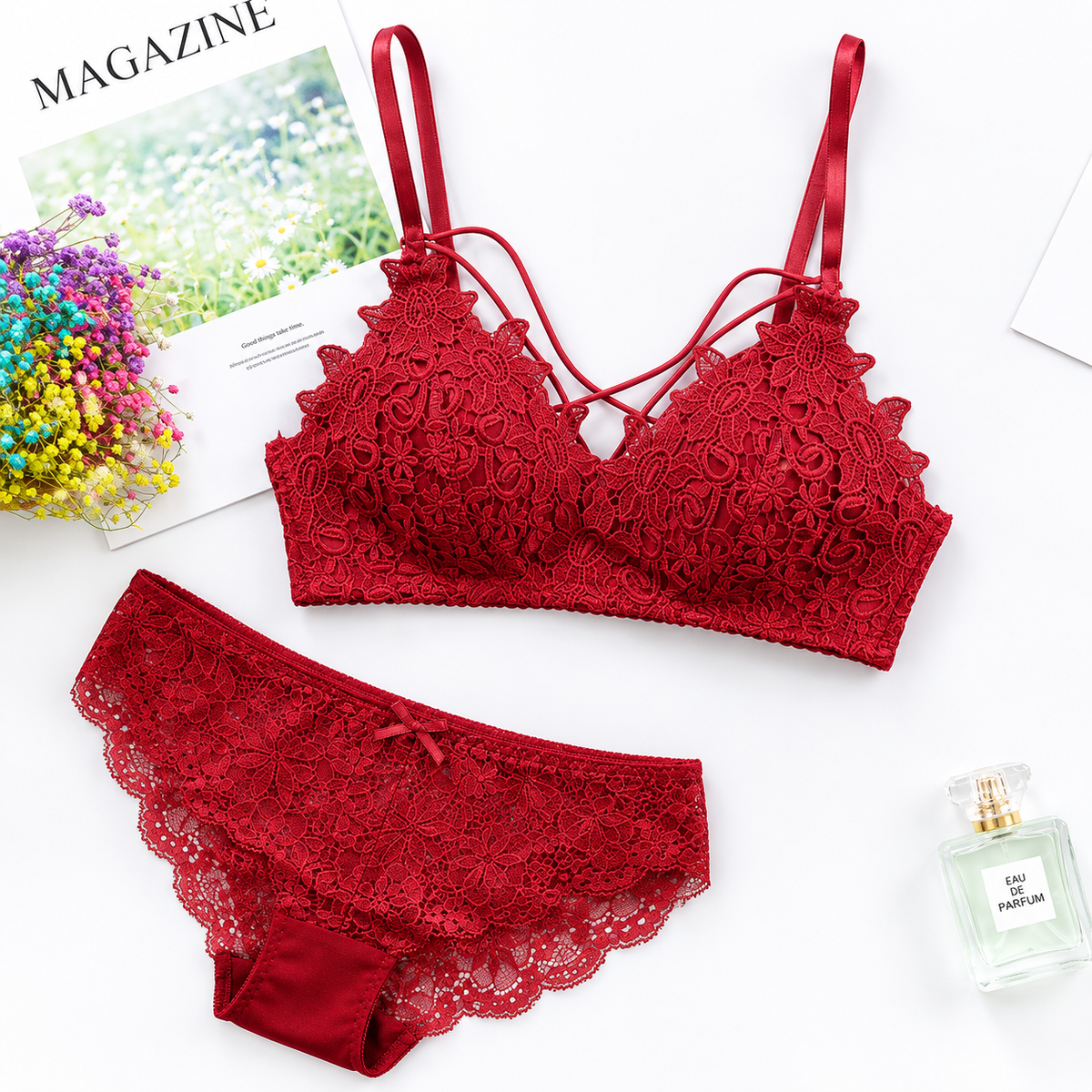 Women’s Red Floral Lace Bra & Panty Set – Elegant Wireless Lingerie Set