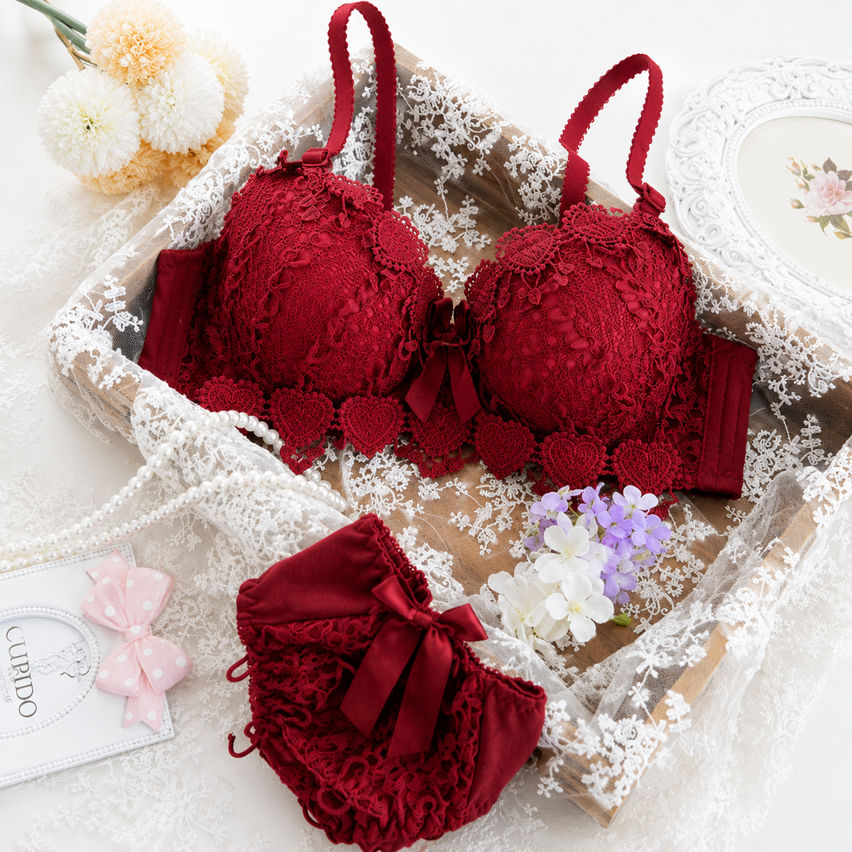 Women’s Floral Lace Push-Up Bra & Panty Set – Padded Matching Lingerie