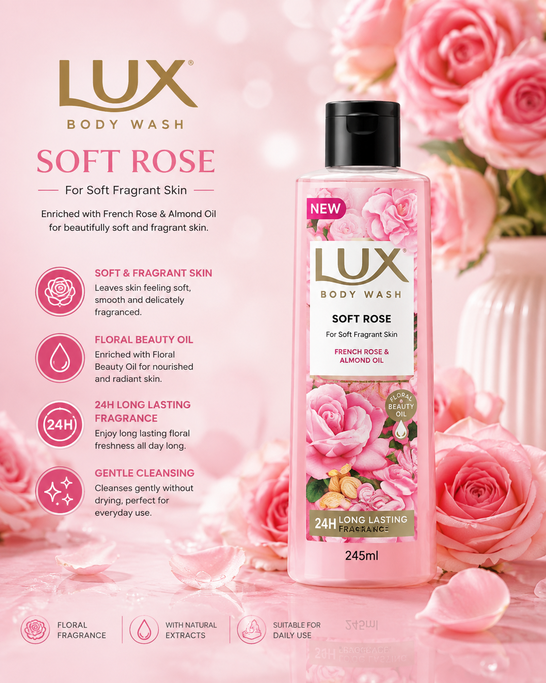 Lux Body Wash French Rose & Almond 245ml (Free Loofah)