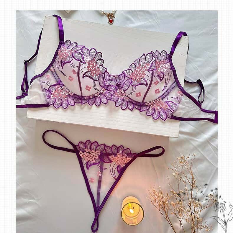 Women’s Floral Embroidery Sheer Bra & Thong Lingerie Set